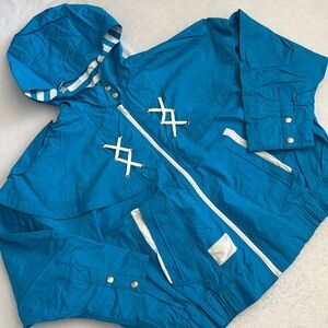 {VTG} Neiman Marcus | Nautical Nylon Jacket Stripe Lining Attached Hood Teal (L)